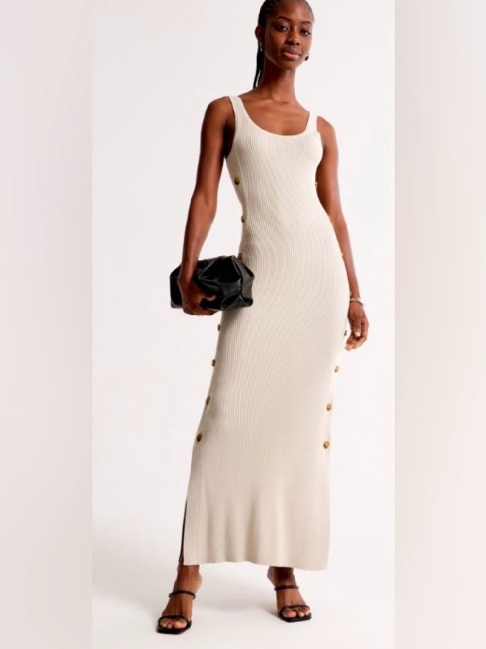 NWT Abercrombie HFR Nicole Benefield Sleeveless Ribbed Maxi Dress in Beige